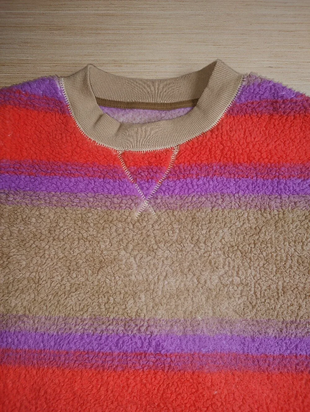 Koolaburra UGG Fuzzy Sherpa Pullover Sweatshirt Beige Orange Striped Sweater M P